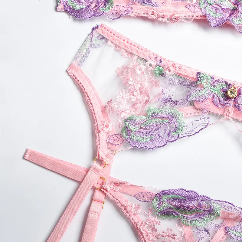 Billionm Pink Floral Lingerie Set Women Underwear Lace Transparent Bra Panties Sexy Push Up Bras Fancy Ladies Embroider Costumes for Sex