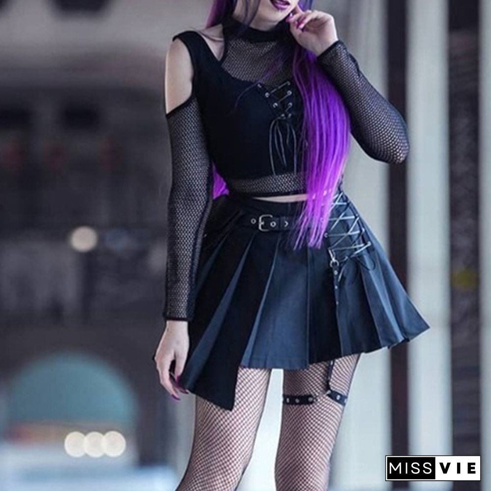 Off Shoulder Long Sleeve Womens Clothing Halter Corset Punk Black Bandage Crop Tops