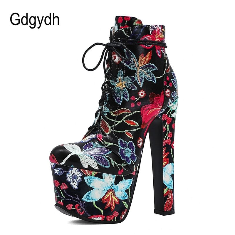 Gdgydh Lacing Very Ultra High Heel Boots For Women Fashion Flowers Vintage Ankle Boots Ladies Party Shoes Spring Autumn Big Size