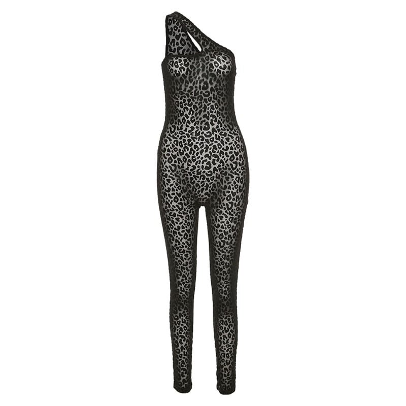 One Shoulder Leopard Style Patchwork One Piece Clothing Sexy Midnight Clubwear Female Overall Flocking Mesh Jumpsuit Women
