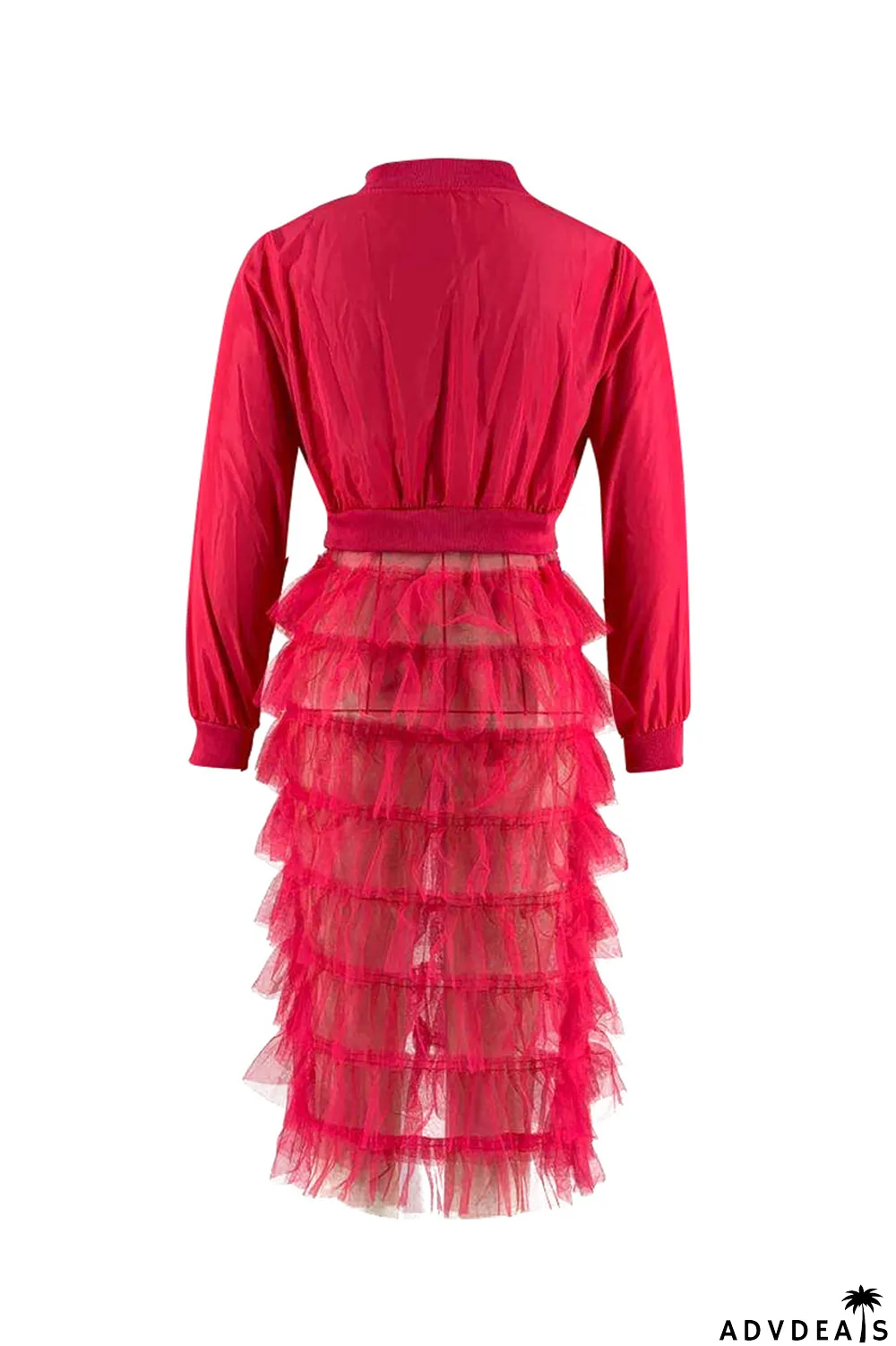 Red Casual Patchwork Mesh Zipper Collar Outerwear