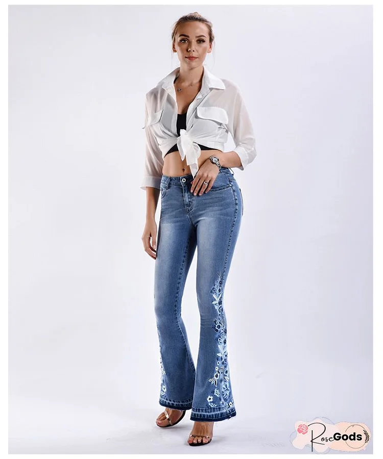 Tight Boho Floral Washing Process Jeans
