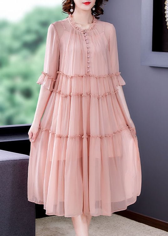 Organic Pink Ruffled Patchwork Silk Dresses Half Sleeve CK2840- Fabulory