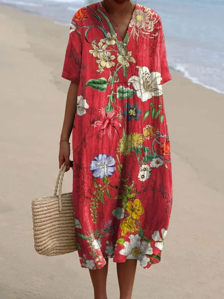 Women's Vintage Lovely Floral Art Print Flowy Dress