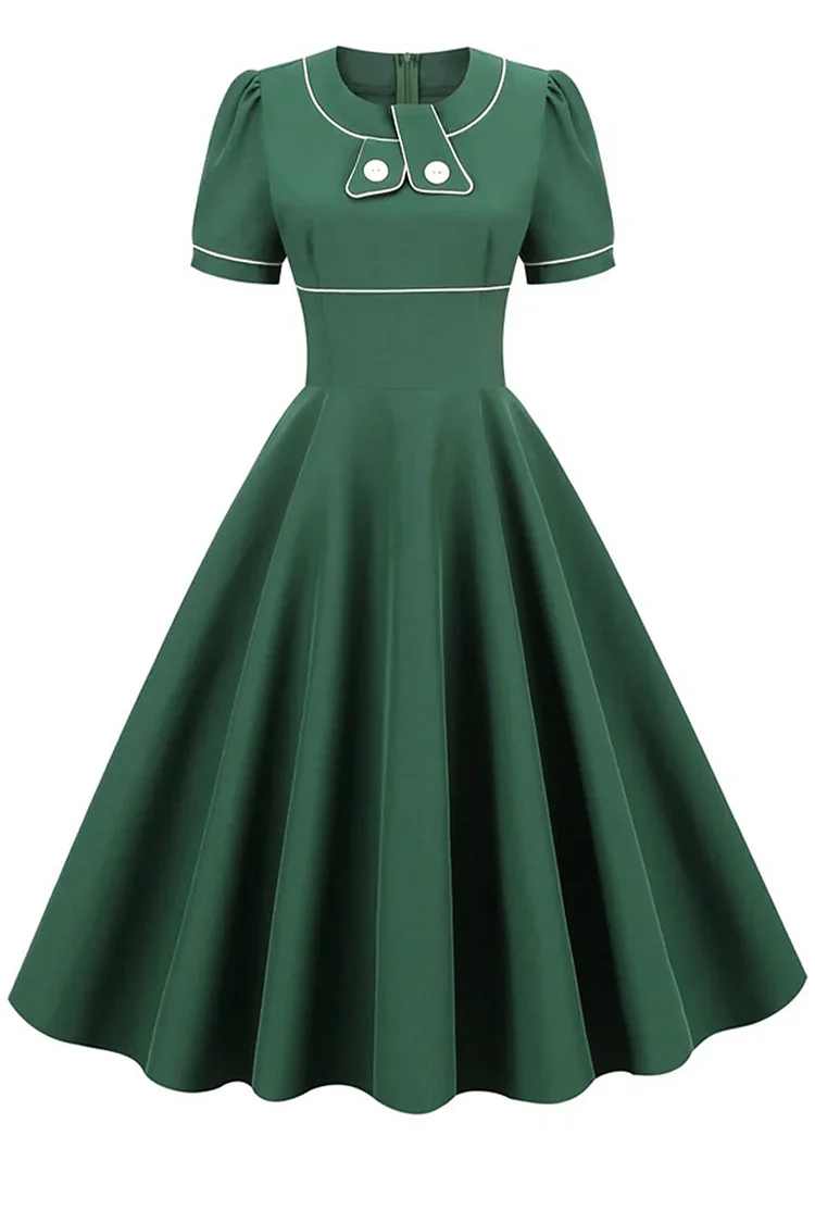 1950s Green Party Button Decor Line Swing Midi Dress