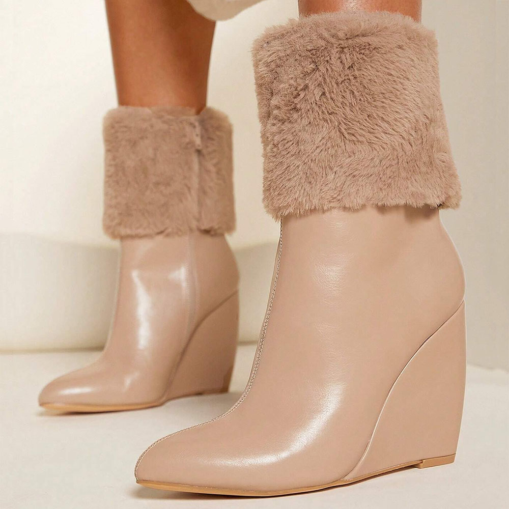 Beige Pointed Toe 4’‘ Wedge Heel Fur Covering Ankle Boots Nicepairs