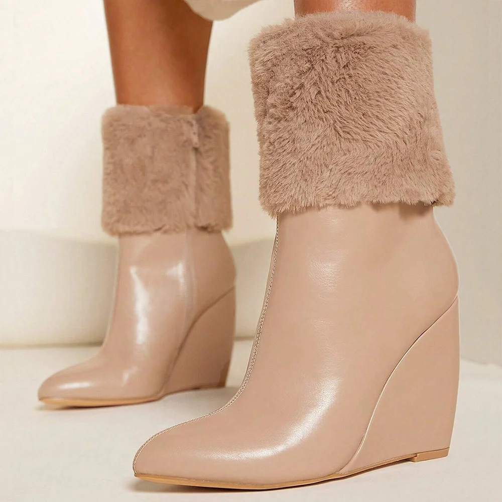 Beige Vegan Leather Closed Pointed Toe Fur Covering Ankle Boots With Wedge Heels Nicepairs