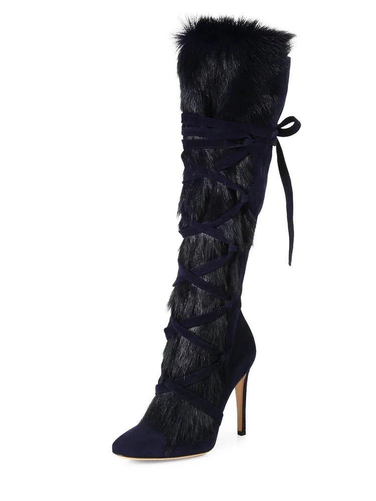 Navy Winter Knee High Round Toe Lace Up Stiletto Heel Boots Vdcoo