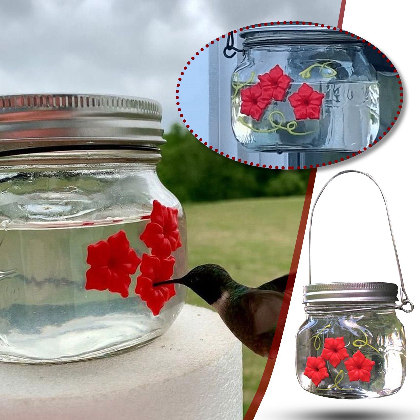 🐦Beautiful Mason Jar Hummingbird Feeder W/Three Ports - tree - Codlins