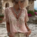 Women's Floral Embroidered Art V-neck Short Sleeved Linen Blend T-shirt - Image 2