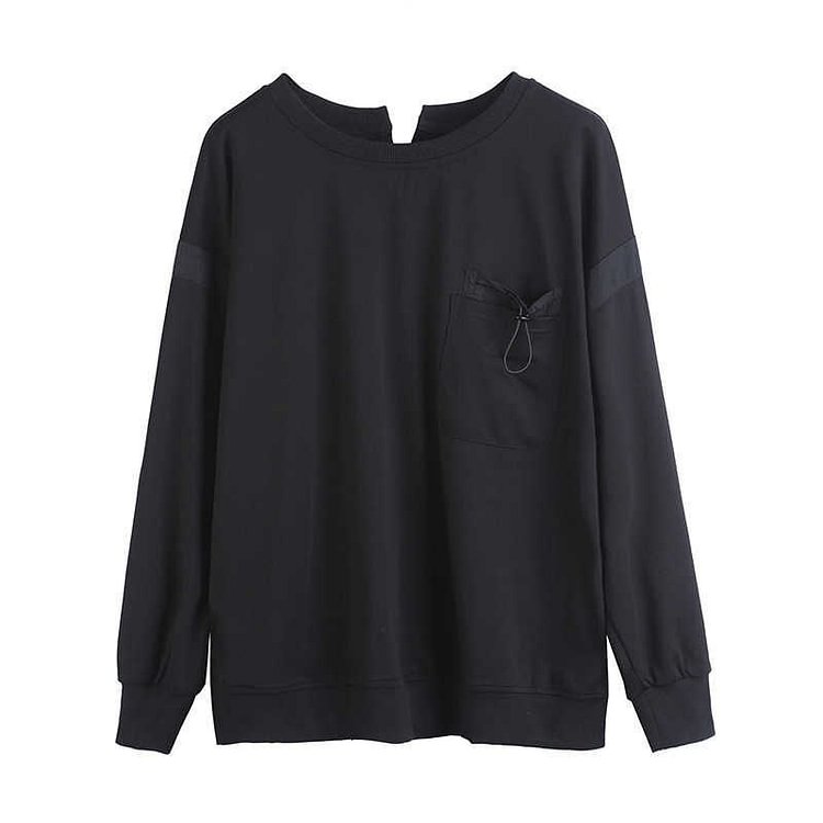 Fashion Solid Color Round Neck Back Single-breasted Splicing Ribbon Long Sleeve Reversible T-shirt