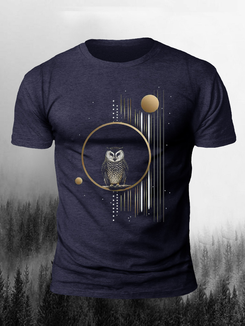 Men's Owl Dotted Line Starry Sky Print Casual Short Sleeve T-shirt