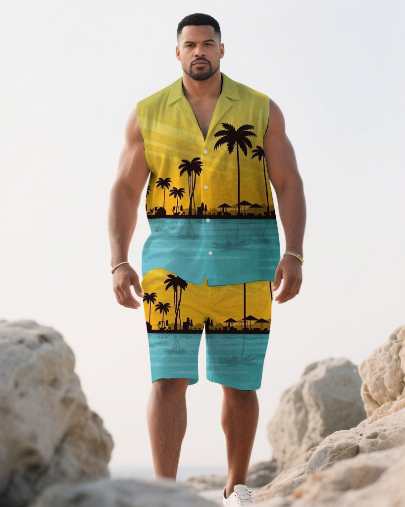 Hawaiian Men's Plus Size-Blue & Yellow Coconut Tree Sunset Scene Printed Blouse Shorts Suit