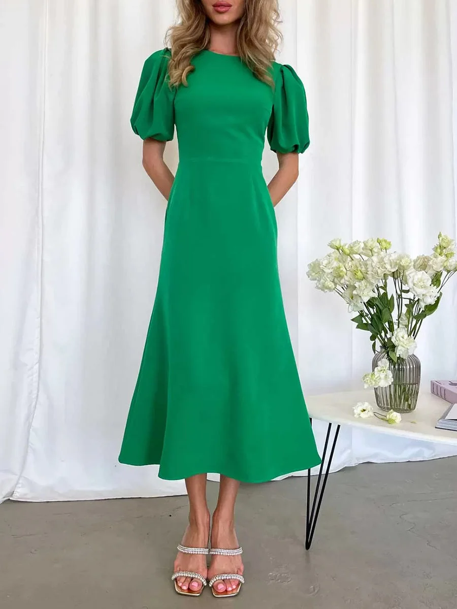 Simple High Waist Puff Sleeve Midi Dress