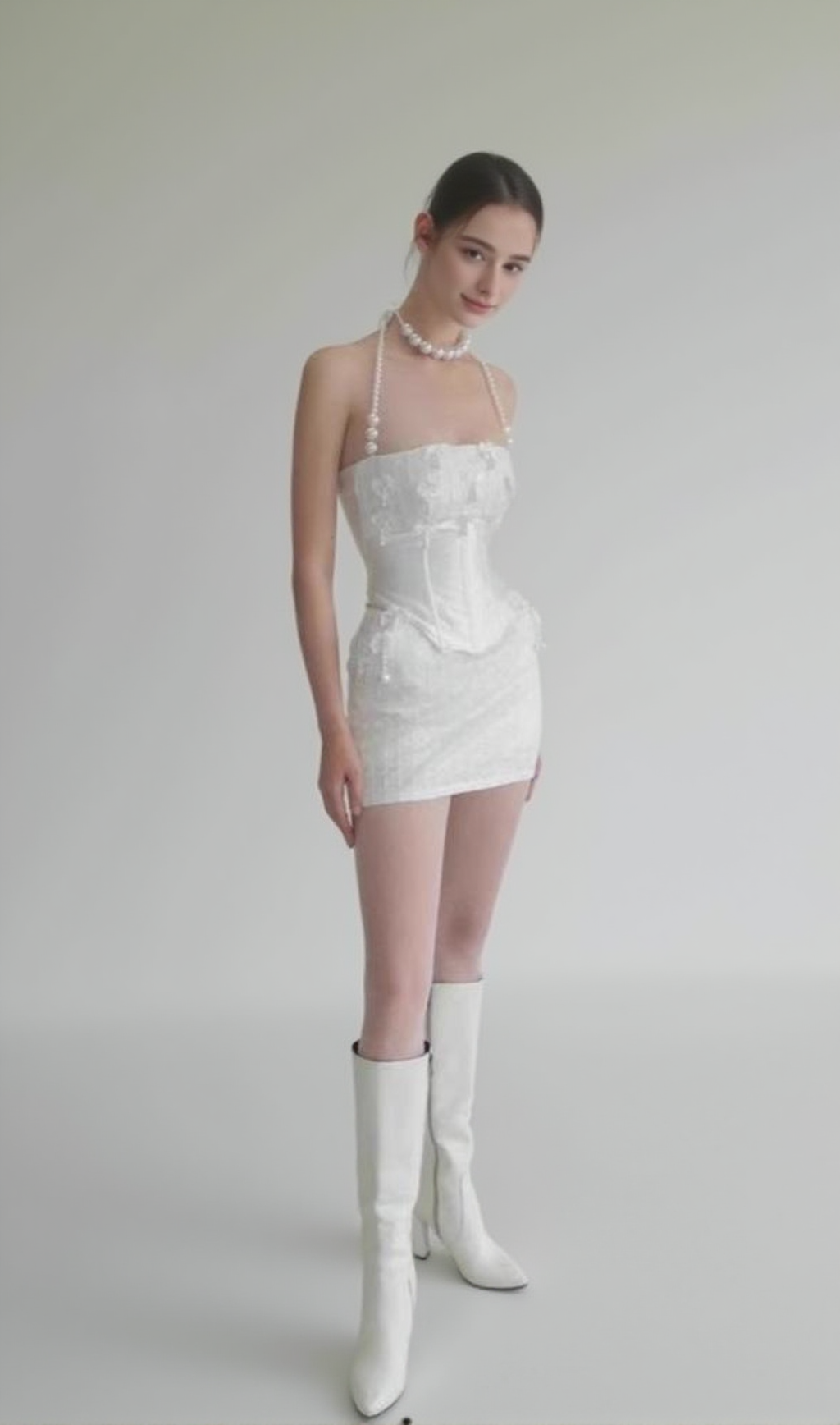 pearl fishbone wrap top skirt set in white