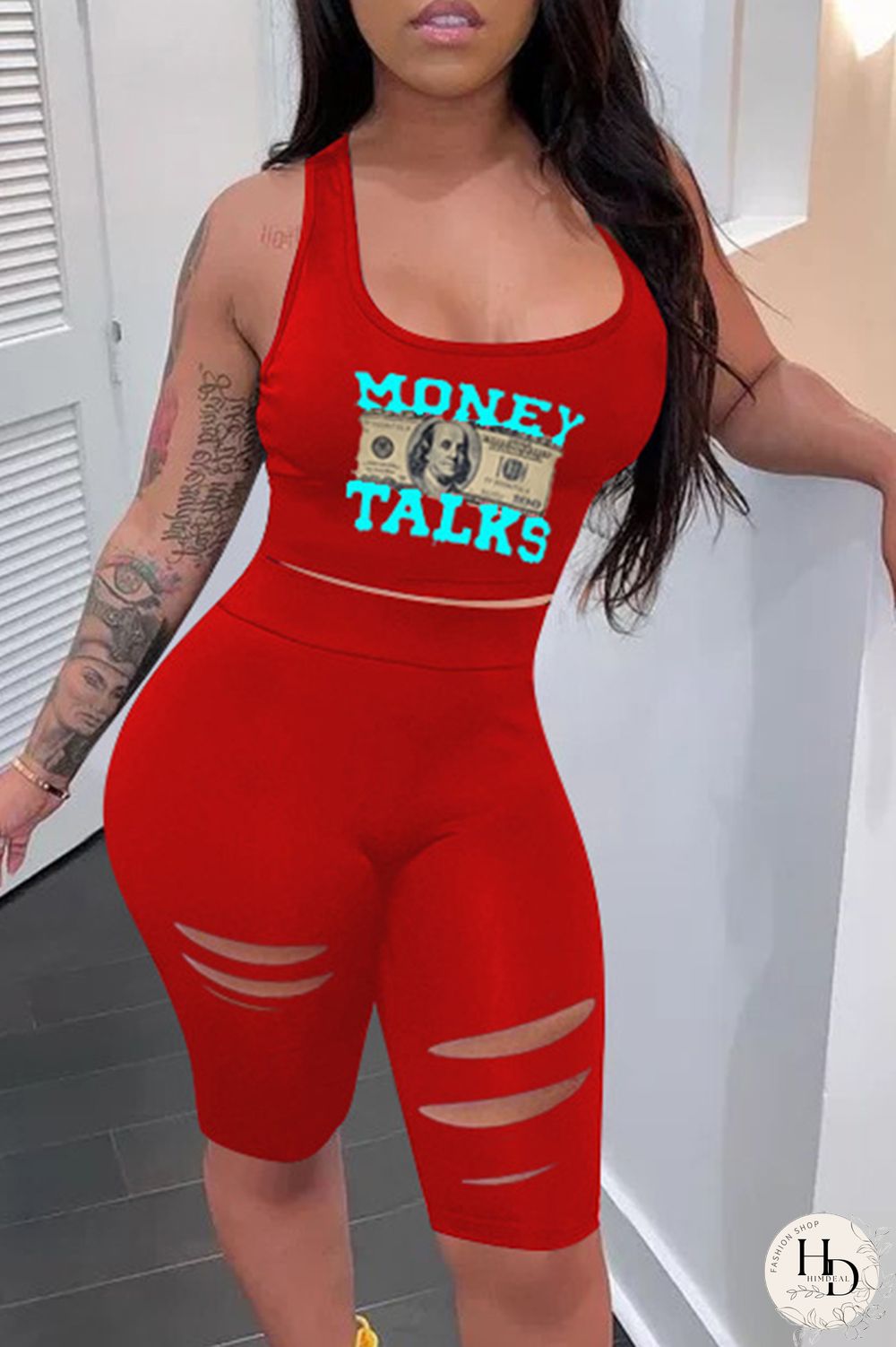 Black Casual Print Ripped U Neck Sleeveless Two Pieces