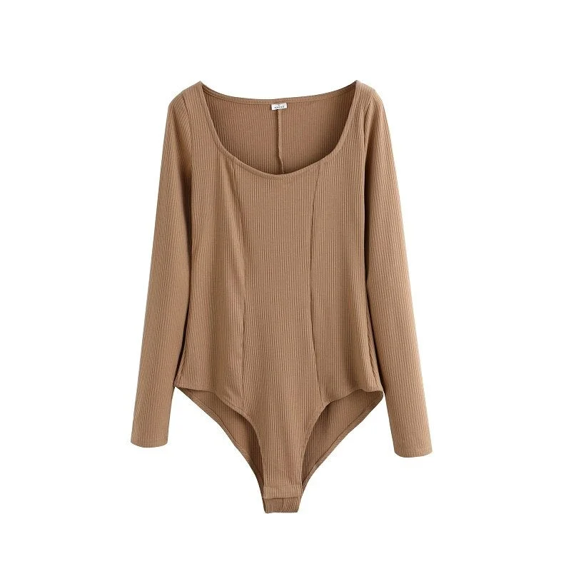 Toppies Sexy Slim Knitted Bodysuits Woman Long Sleeve Tops Deep U Collar Overalls Mesh Bodysuit