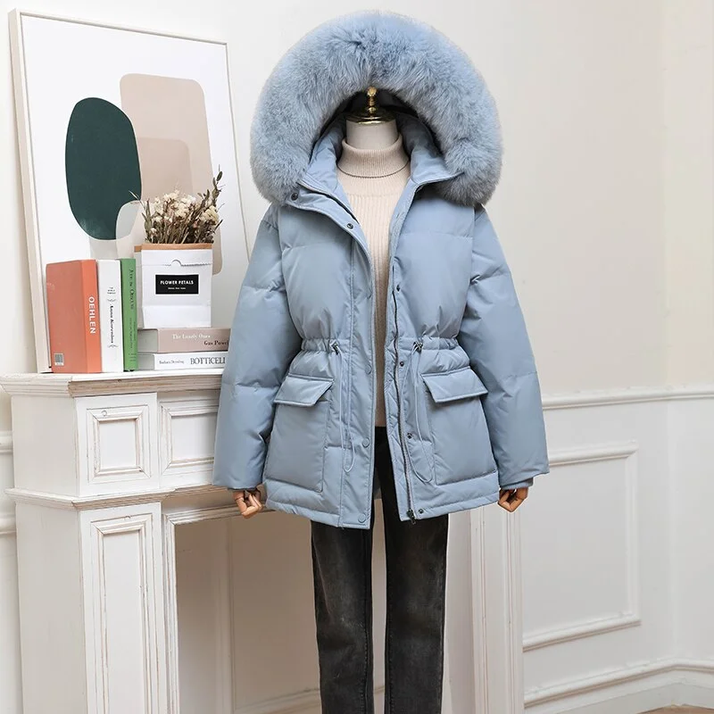FTLZZ New Winter Women Thick Warm Large Real Fur Hooded Down Jacket 90% White Duck Down Coat Waist Retractable Parker Overcoat