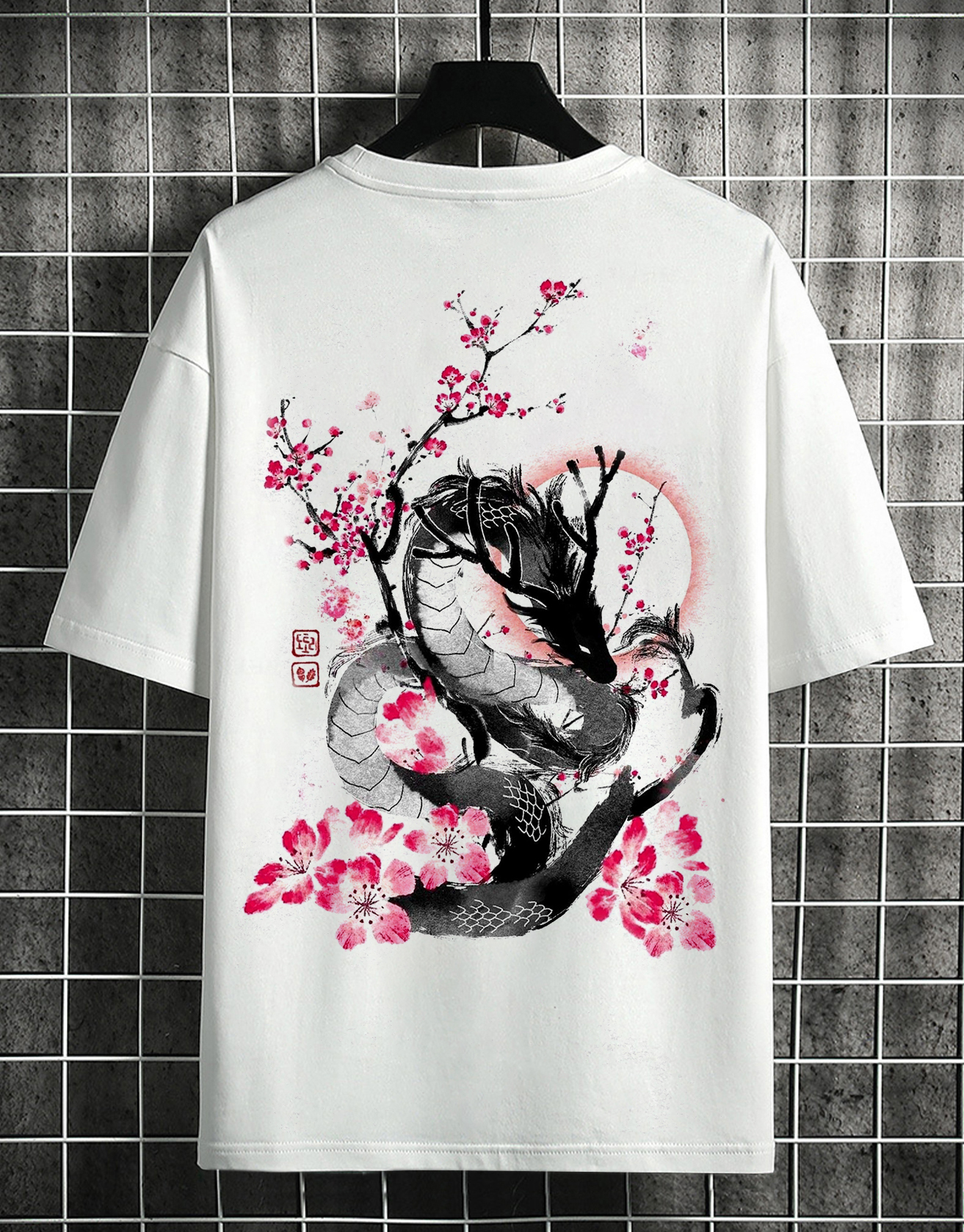 Japanese Ink Cherry Dragon Illustration T-shirt Lixishop 