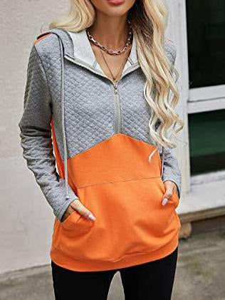 Women's Stitching Hooded Zippe Long Sleeve V-neck Tops