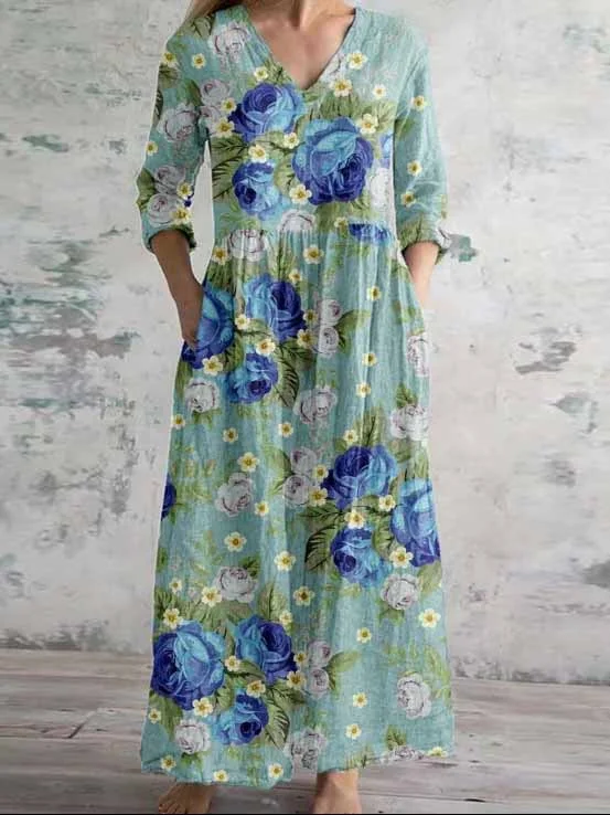 Women's 3/4 Sleeve V-neck Floral Printed Midi Dress