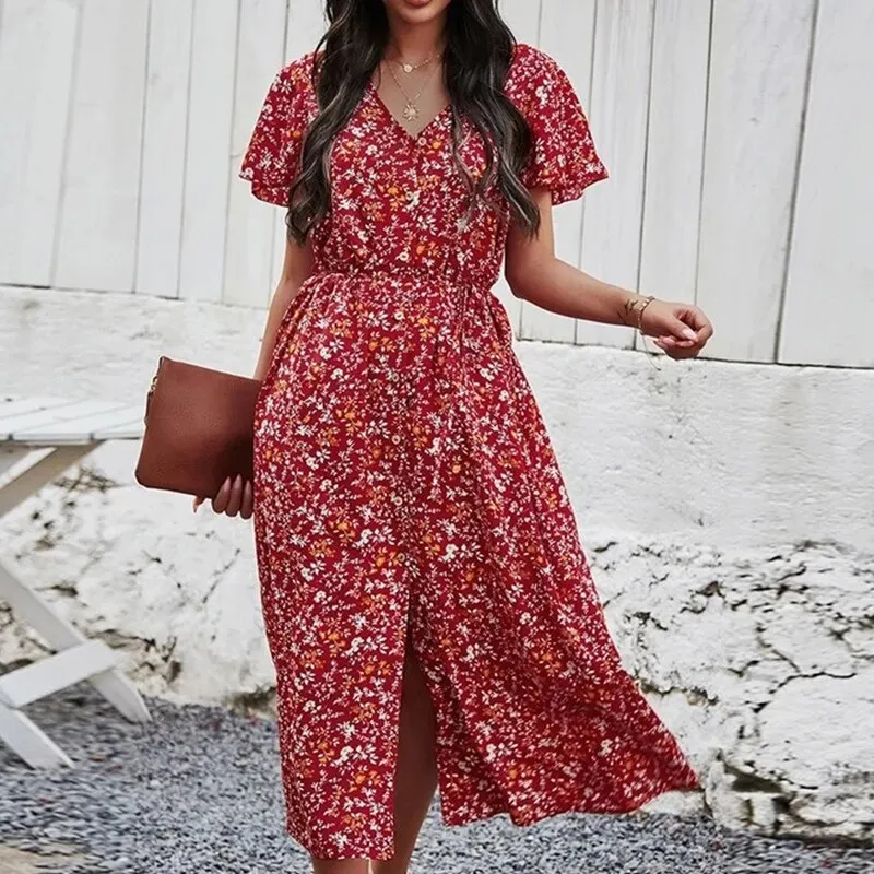 Vintage Maxi Dress Women Floral Print Summer Beach Dress Casual l High Waist Button Bohemian Long Dress Ladies Holiday Vestidos