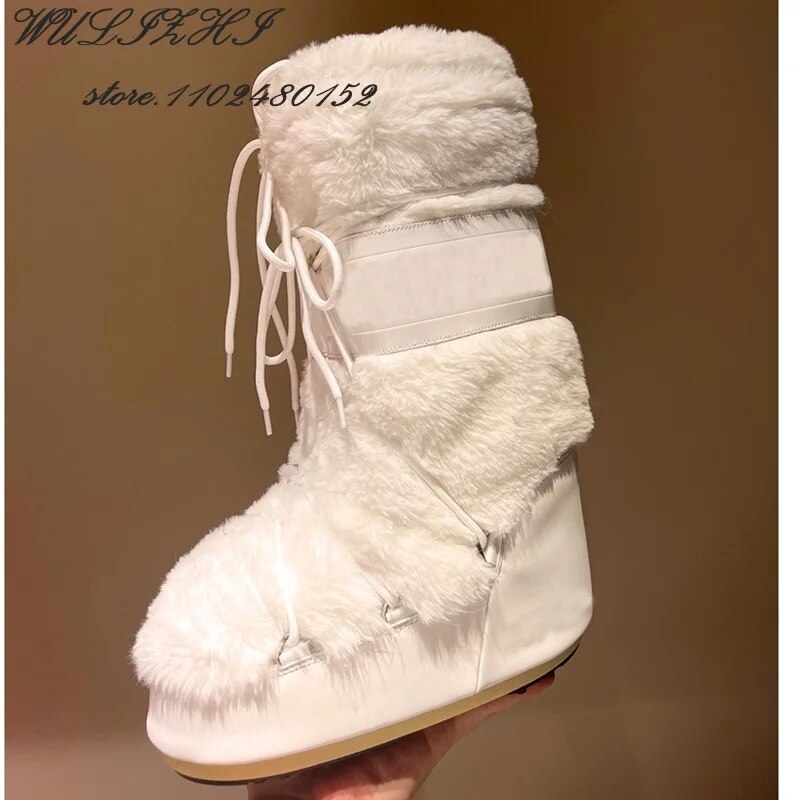 VCSHOES Brown Plush Platform Sherpa Boots Women Ski Thickened Warm Snow Knees Black Booties Fur Canvas Pink Leather Sports Flats