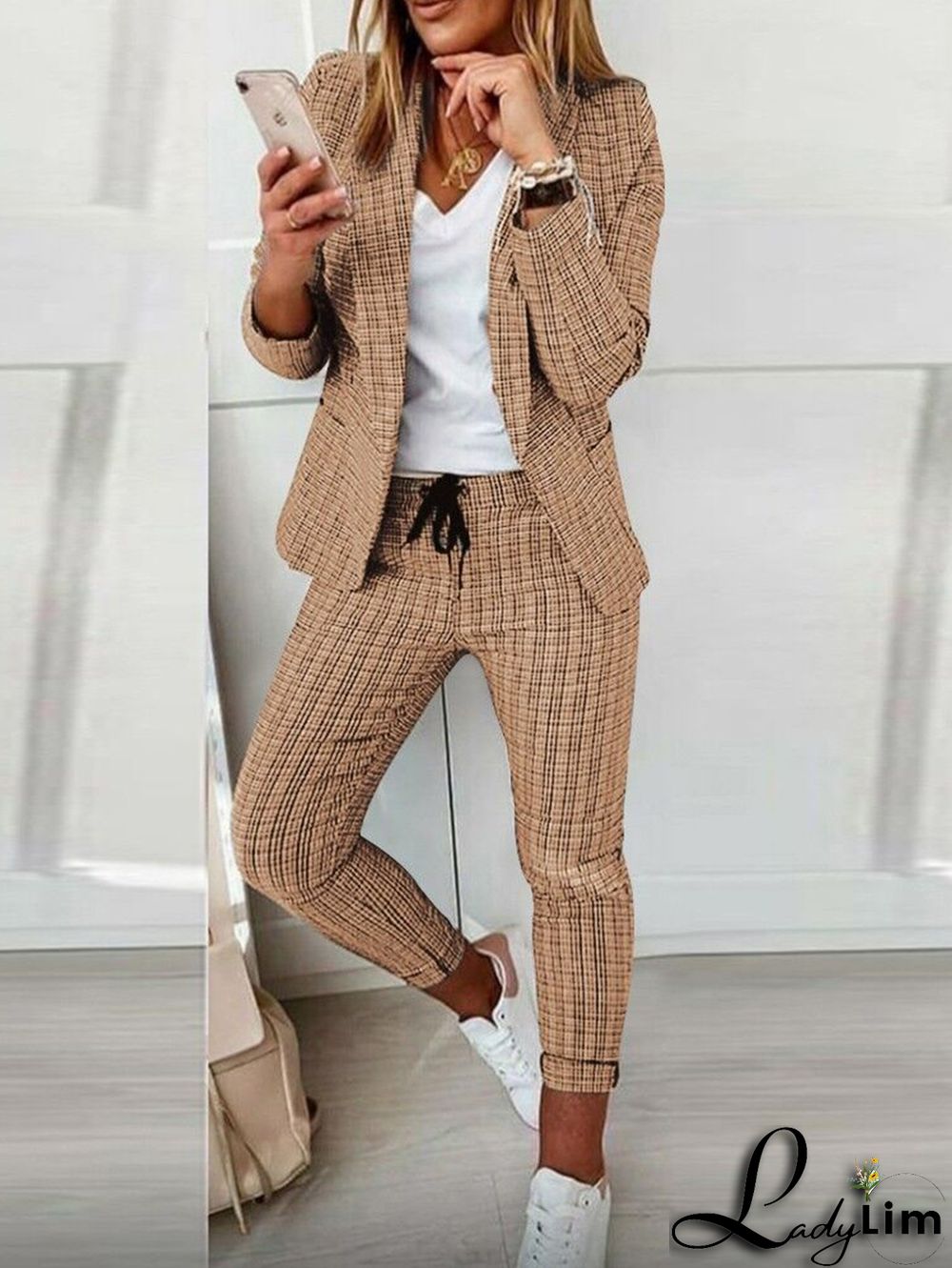 Casual Colorblock Allover Pattern Blazer & Pants 2 Pcs Set