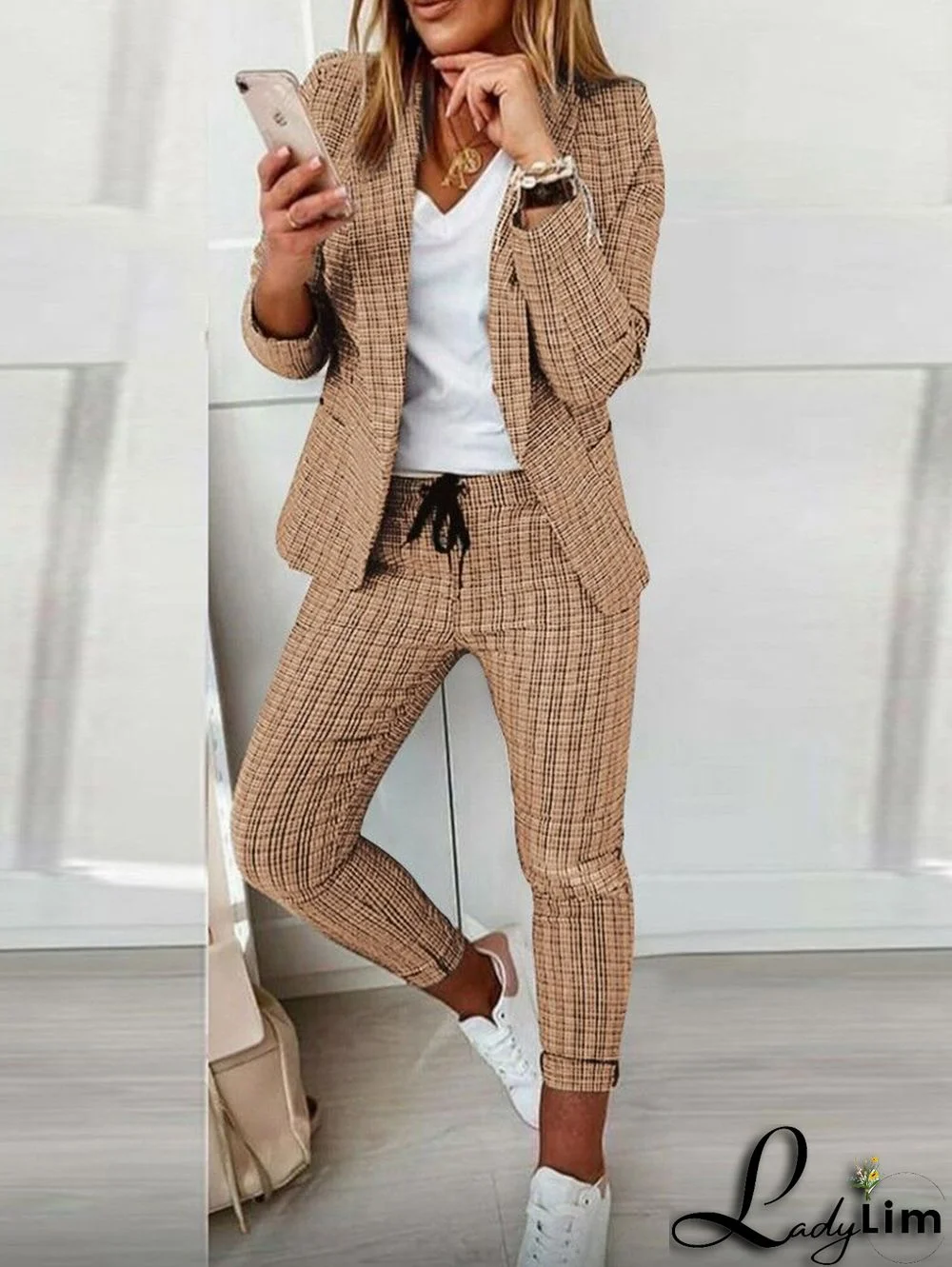 Casual Colorblock Allover Pattern Blazer & Pants 2 Pcs Set