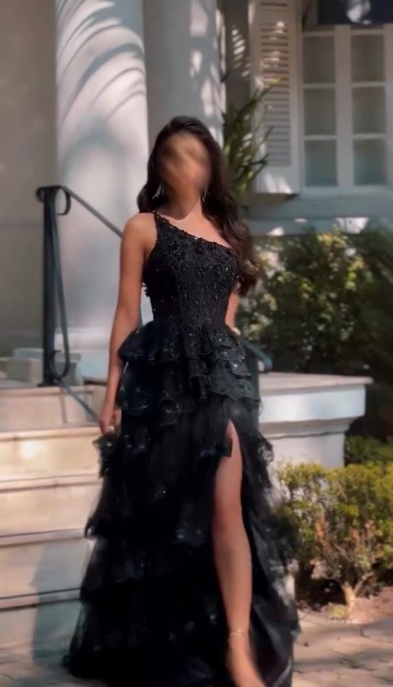 Daisda Black Asymmetric Sequins Sleeveless A-Line Long Prom Dress 