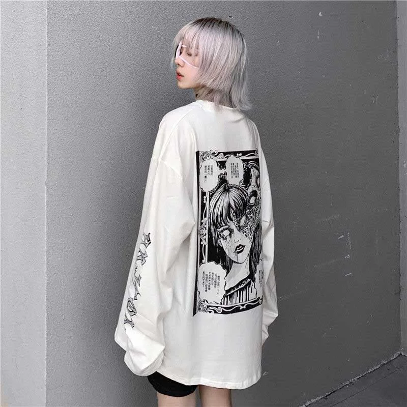 NiceMix Cartoon Horror Graphic T-shirt Women Character Print Loose Punk Japanese T Shirts Pullover Top Harajuku Street Tees