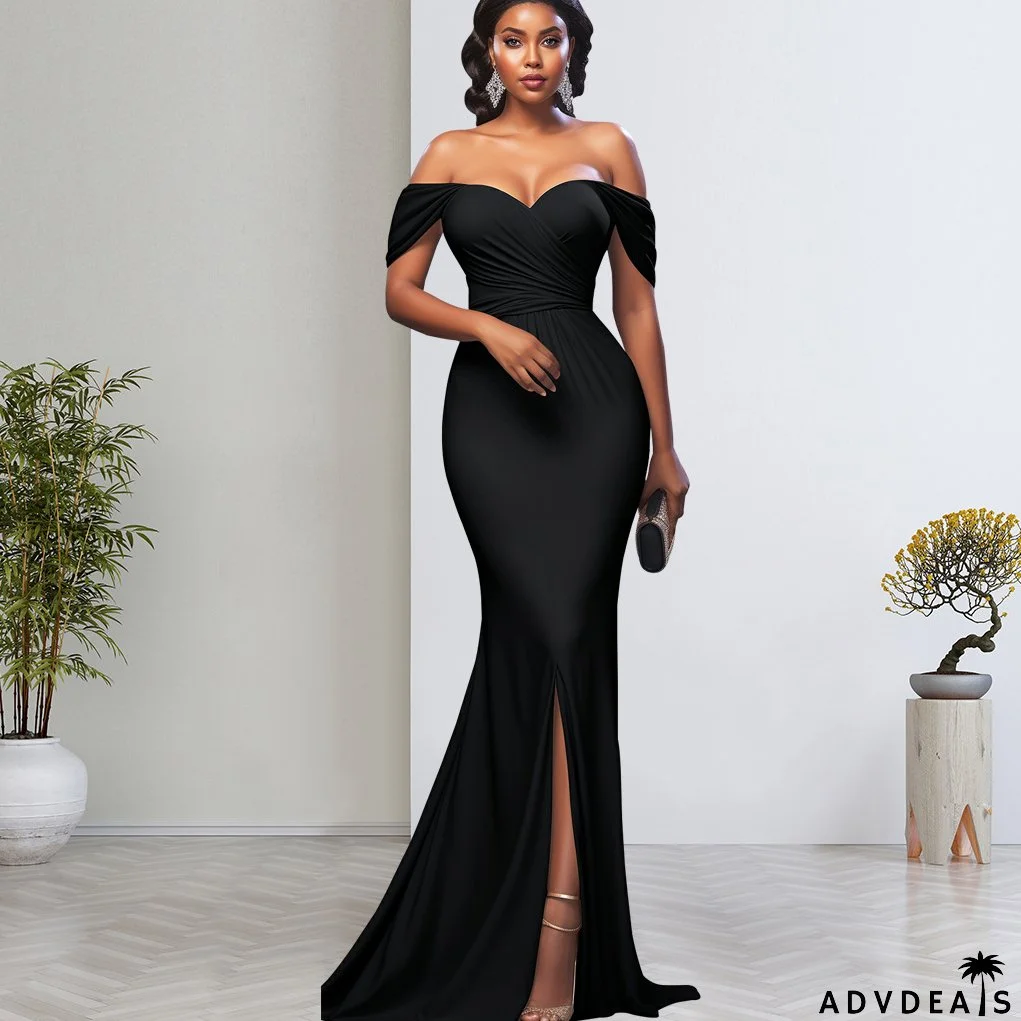 Women Sexy Solid Off-shoulder Evening Dress