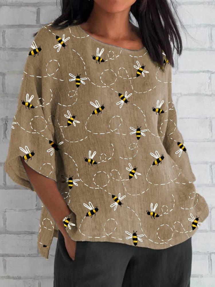 Comstylish Flying Bees Embroidery Pattern Linen Blend Tunic