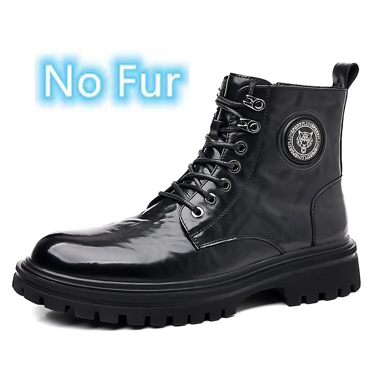 Kasomalang Luxury Brand Men Motorcycle Boots High Quality Leather Lace Up Ankle Shoe Autumn Winter Shoes Non Slip Warm Plush Fur Snow Boots