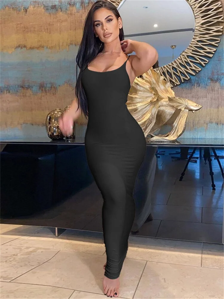 Women  Bodycon Sleeveless Strap V-neck Dress Solid Clubwear Party Long Maxi Dress Sun address New Arrival Vestidos