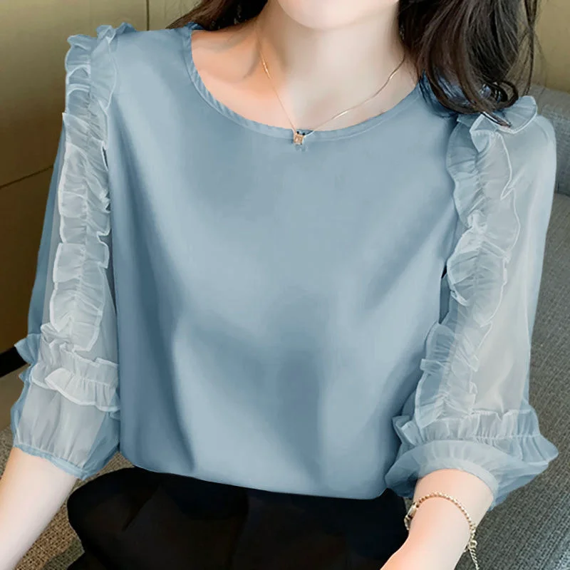 Jangj Fungus-trimmed Chiffon Shirt Spring Summer Korean Style Blouse Round Neck Long Sleeve Solid Shirt Elegant Casual Clothing