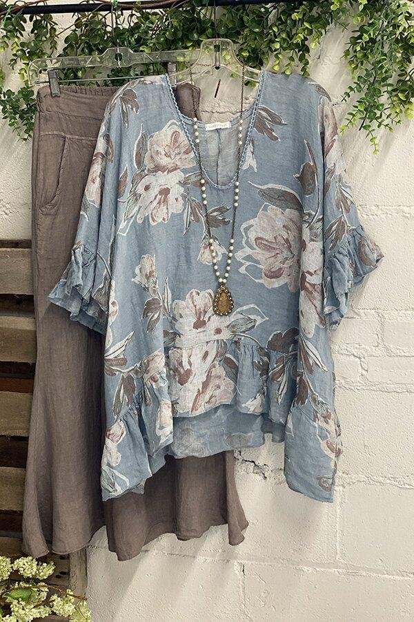 Flower Print Ruffled T-shirt-Mayoulove
