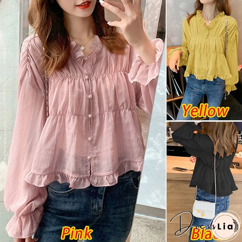 Women Elegant V Neck Flare Sleeve Button Up Shirts Blouse S-5XL Solid Color Pleated Ruffled Hem Lace Tops