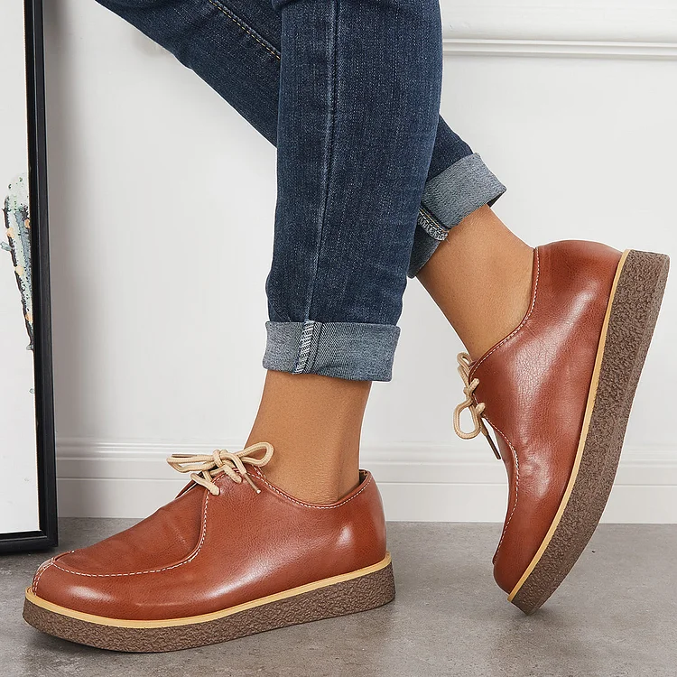 Women Lace Up Loafers Round Toe Oxford Walking Shoes