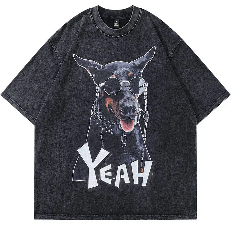 Sopula Vintage Funny Doberman Dog Graphic Print Oversized Acid Wash T-Shirt