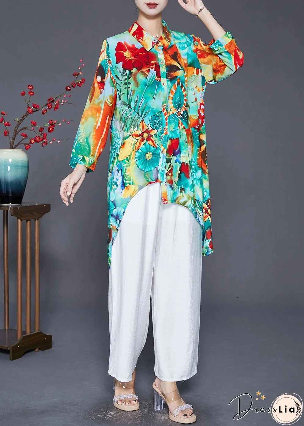 Women Green Asymmetrical Print Cotton Shirt Top Fall