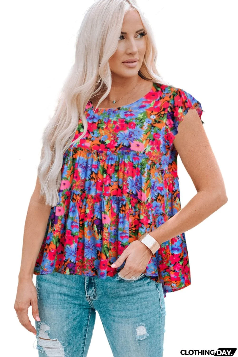 Floral Round Neck Frill Trim Blouse