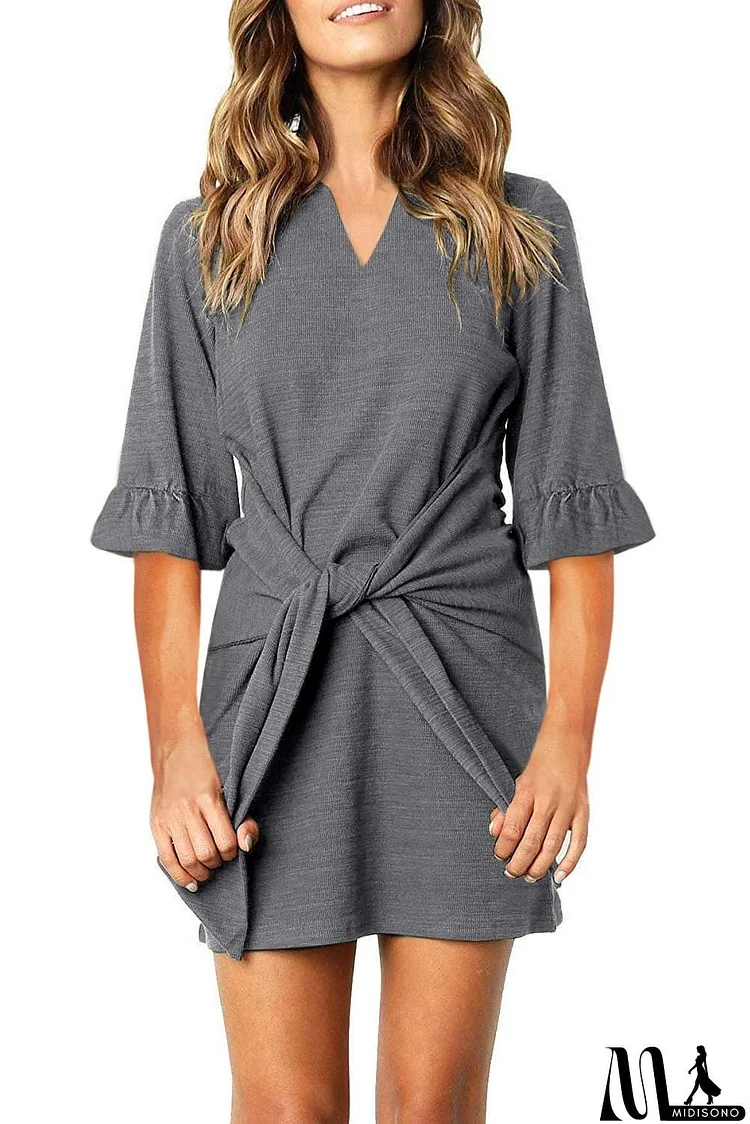 V Neck Ruffled Sleeves Waist Tie Mini Dress