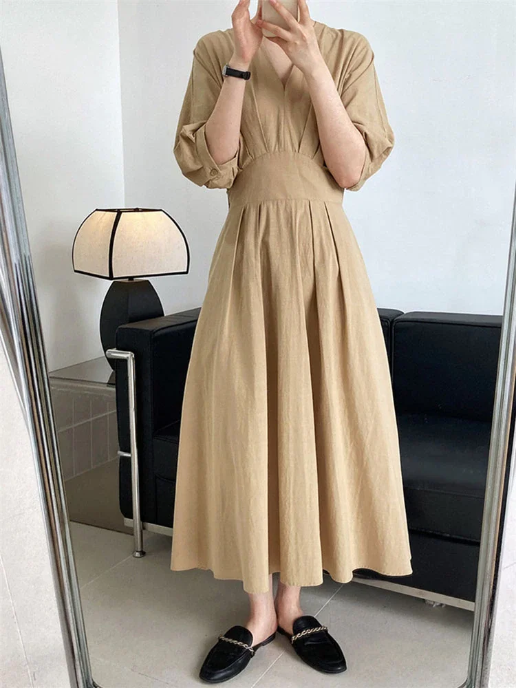 French Solid Color V-neck Pleated Half Sleeve Big Hem Dress      