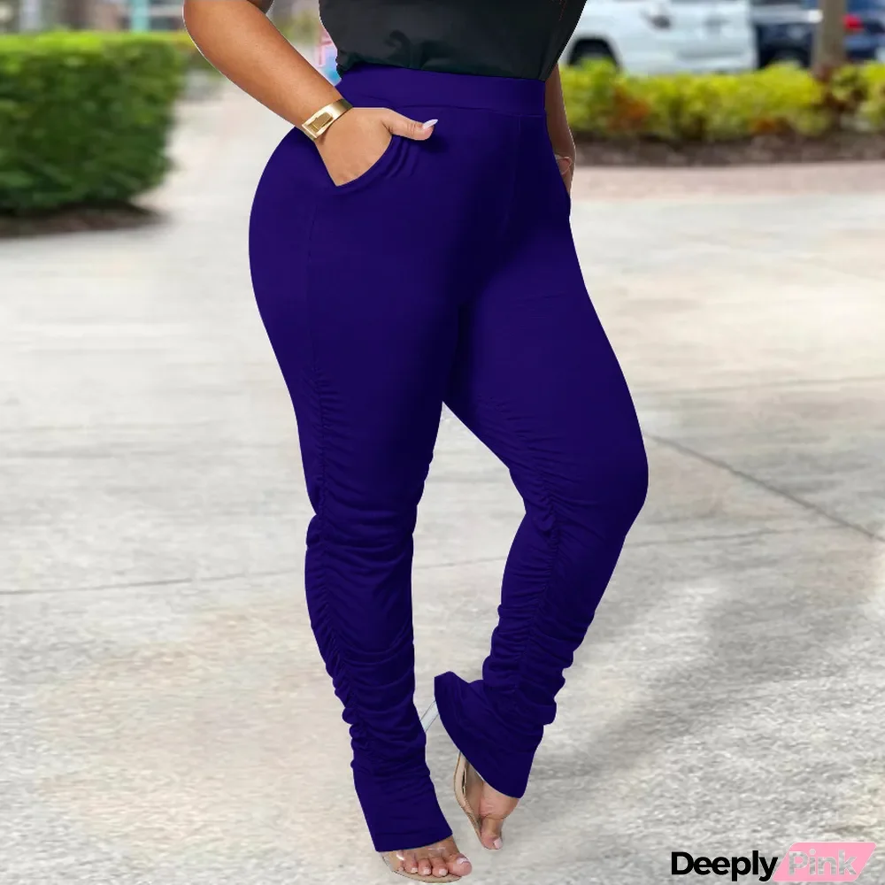 Plus Size Casual Solid Color Slim Ruched Pant