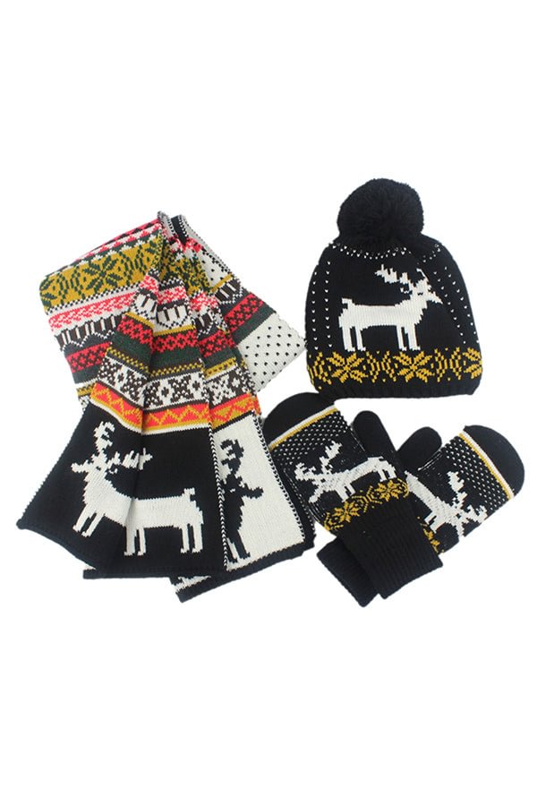 Reindeer&Snowflake Knit Christmas Beanie Gloves&Scarf 3Ps Set Black-elleschic