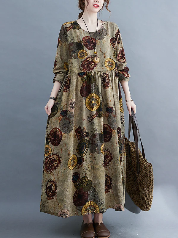 Artistic Retro Loose Long Sleeves Printed Round-Neck Maxi Dresses