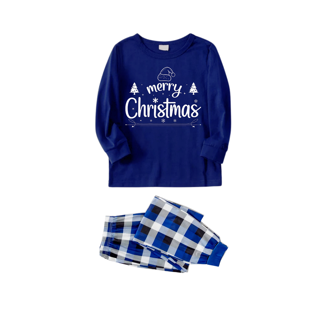 "Merry Christmas" Text Printed Blue and White Plaid Family Matching Pajamas