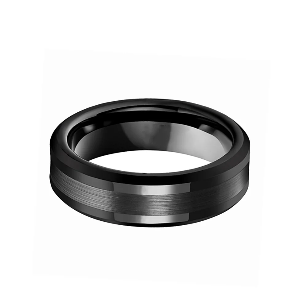 Black 6mm Tungsten Ring Plated Matte Brushed Center Polished Beveled Edge