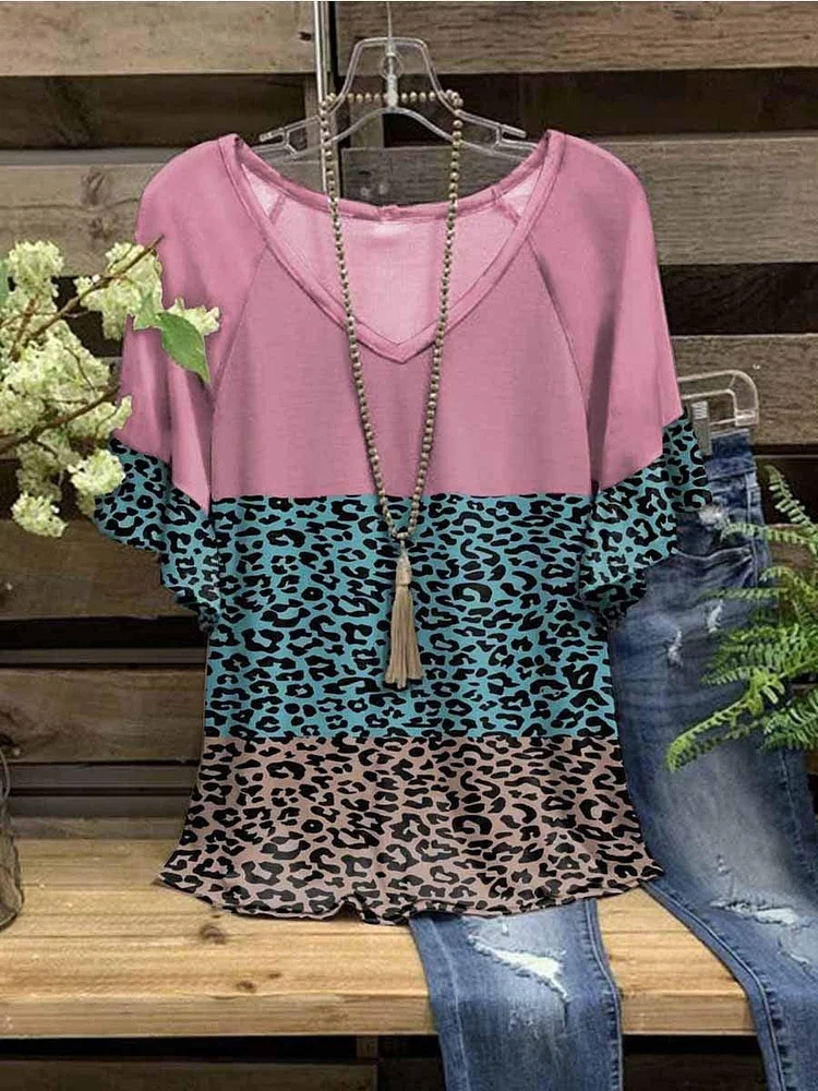 Women's Multicolor V-Neck Leopard Print Casual Short Sleeve Top